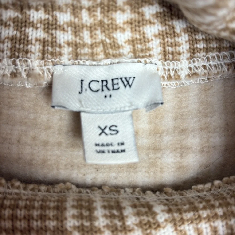 NWOT J. Crew Houndstooth Plaid Fleece Funnel Neck Pullover Sweater Tan XS